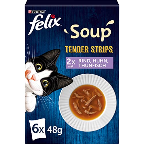 FELIX Soup Tender Strips, Suppe für Katzen, Gemischte Vielfalt, 8er Pack (8 x 6 à 48g) von Felix