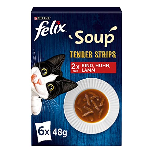 FELIX Soup Tender Strips, Suppe für Katzen, Geschmacksvielfalt vom Land, Rindfleisch, Huhn, Lamm, 8-er Pack (8 Packungen à 48 Gramm) von Felix