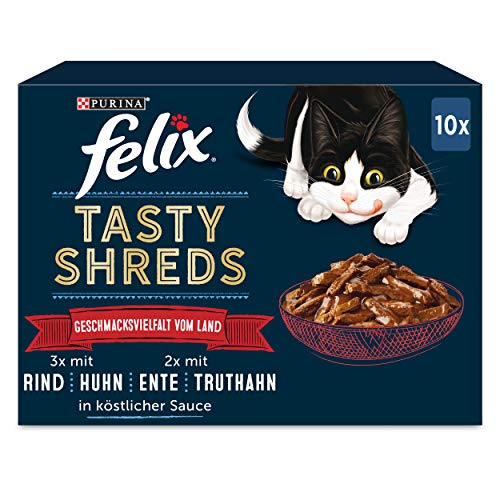 FELIX Tasty Shreds Katzenfutter nass in Sauce, Geschmacksvielfalt vom Land, 6er Pack (6 x 10 x 80g) von Felix