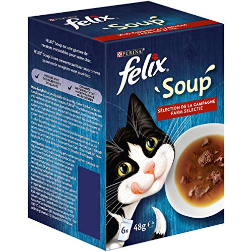 FELIX Soup, Suppe für Katzen mit zarten Stückchen, Geschmacksvielfalt vom Land, 8er Pack (8 x 6 Beutel à 48g) von Felix