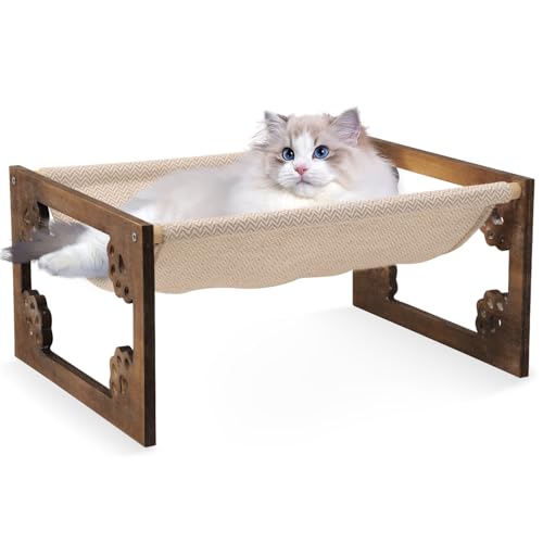 FEUFOAM Erhöhtes Katzenbett mit Holzrahmen, Retro, braun, Katzen-Hängematte für Innenkatzen, atmungsaktiv, bequem, Haustier-Couch-Möbel, Kätzchen, Welpen, Kaninchen, Kaninchen, Ruhebett von FEUFOAM