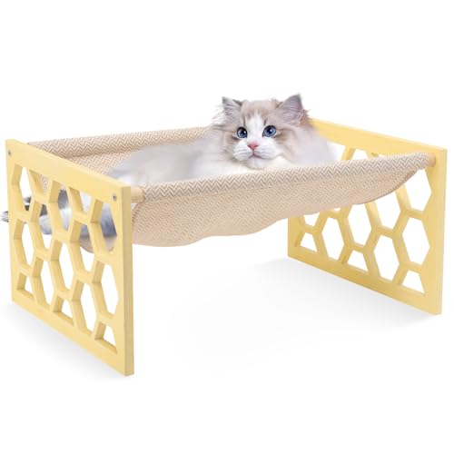 FEUFOAM Große Katzenhängematte mit Holzrahmen, Katzenbetten für Innenkatzen, waschbar, atmungsaktiv, modernes Kitty-Möbel, geeignet für Kaninchen, Welpen, Häschen und Kleintiere, Beige von FEUFOAM