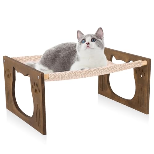 FEUFOAM Große Katzenhängematten für Indoor-Katzen, erhöhtes Katzenbett, rustikaler Stil, Holz, für drinnen und draußen, Katzenbett, Möbel für Kätzchen, Welpen, Kaninchen und Kleintiere, Wellenmuster von FEUFOAM