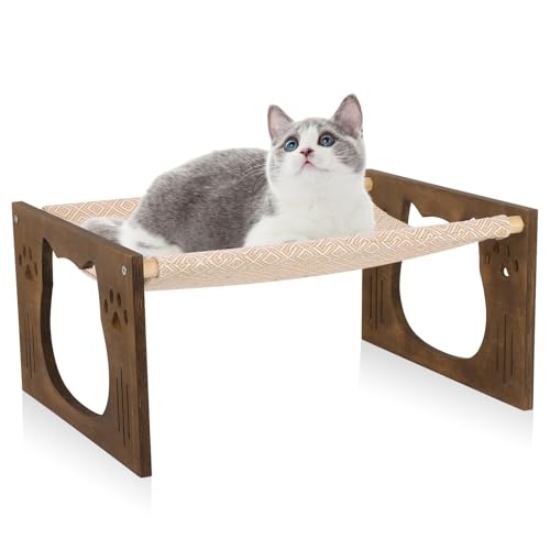 FEUFOAM Große Katzenhängematten für Indoor-Katzen, erhöhtes Katzenbett, rustikaler Stil, Holz, für drinnen und draußen, Katzenbett, Möbel für Kätzchen, Welpen, Kaninchen und Kleintiere, Rautenmuster von FEUFOAM