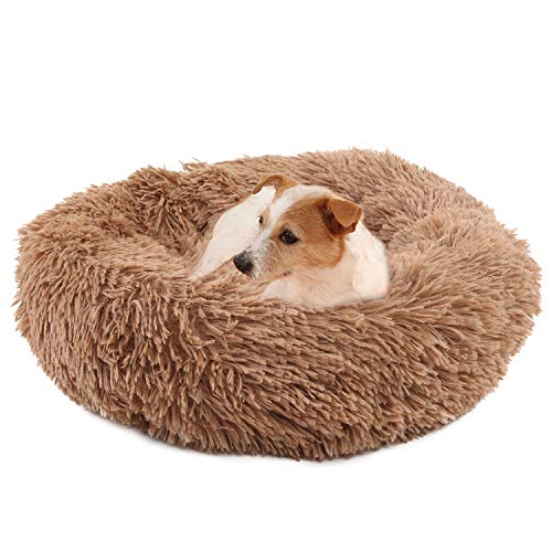 Hundebett kleine hunde/katzenbett rund xs,Donut flauschig Hundebetten waschbar, Flocke hundehütte indoor, Hundekorb mittelgroße hunde bett, Rutschfest kuschelbett hundekörbchen(Braun) (Brown-80) von FFTANXS