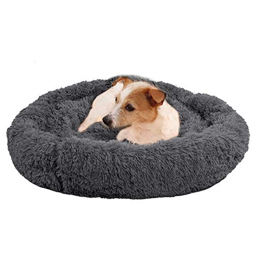 Hundebett kleine hunde/katzenbett rund xs,Donut flauschig Hundebetten waschbar, Flocke hundehütte indoor, Hundekorb mittelgroße hunde bett, Rutschfest kuschelbett hundekörbchen(Braun) (Gray-50) von FFTANXS