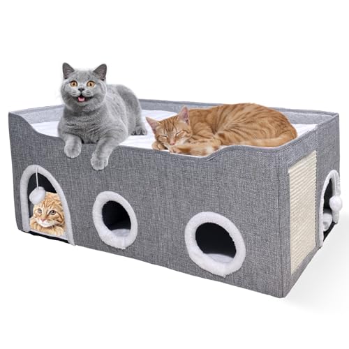 Katzenhäuser für Indoor-Katzen, groß, zusammenklappbar, großes Katzenbett mit Flauschball und 2 Höhlen, Katzenversteck mit Baldachin, halbgeschlossenes Katzenbett, Katzenhaus mit Überzug, Katzenbett von FGGHFT