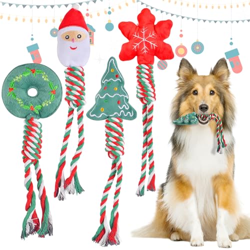 FGen 4 Stück Hundespielzeug Weihnachten,Hundespielzeug-Set,Weihnachten Geschenk für kleine mittelere große Hunde,Aus Seil,Robust,Kauspielzeug,Training,Spielen,Zahnen von FGen