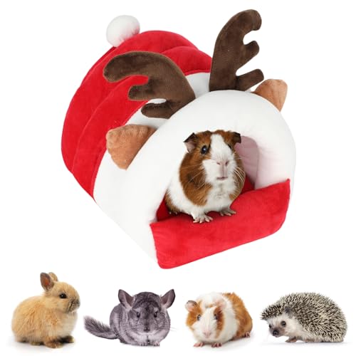 FHTONGE Winter-Meerschweinchen-Bett-Höhle, gemütliches Meerschweinchen-Versteck Haus Weihnachten Rentier Form, warmes Kleintier-Versteck für Zwerg, Kaninchen, Frettchen, Chinchilla, Igel, Ratten, von FHTONGE