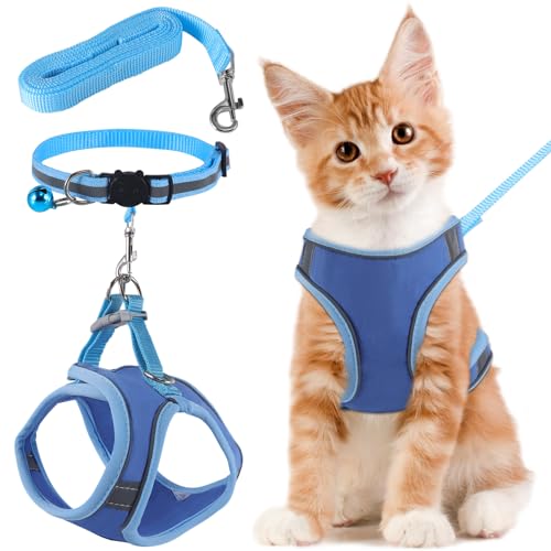 FIHODONE Katzengeschirr mit Katzenleine Katzenhalsband,Katzengeschirr mit Leine Ausbruchsicher,Cat Harness Verstellbar,Katzenleine mit Geschirr für Katzen Orange mit Reflexstreifen (L, Blau) von FIHODONE