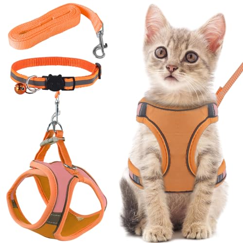 FIHODONE Katzengeschirr mit Katzenleine Katzenhalsband, Katzengeschirr mit Leine Ausbruchsicher, Cat Harness Verstellbar, Katzenleine mit Geschirr für Katzen Orange mit Reflexstreifen (L, Orange) von FIHODONE