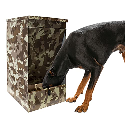 FINCA CASAREJO Selbstbedienungs-Futternapf für Hunde | Vogel- und mäuseabweisender Schwingdeckel | Trockenfutterspender | Futtertrog Farbe Camouflage | Kapazität 40 kg von FINCA CASAREJO