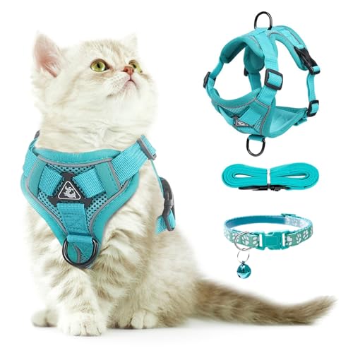 FINEASY Katzengeschirr mit Leine Ausbruchsicher und Katzenhalsband, Verstellbares Katzenleine mit Geschirr, Geschirrset Cat Harness Weich Softgeschirr für Katze Kitten Hunde Brustgeschirr (Grün, S) von FINEASY