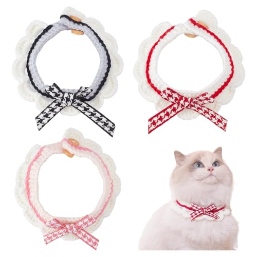 FINGERINSPIRE 3 Stück Gestrickte Katzenhalsbänder Handgefertigtes Haustierhalsband Mit Schnalle Verstellbares Halsband Mit Fliege Schwarz Rosa Kirschrot Handgefertigte Halsbänder Für Haustiere von FINGERINSPIRE