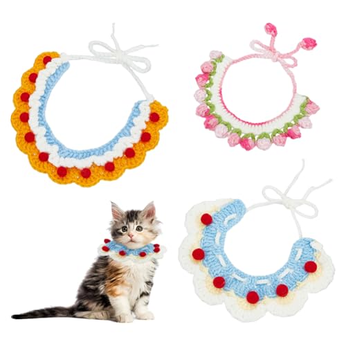 FINGERINSPIRE 3 Stück Handgefertigtes Gestricktes Gehäkeltes Haustierhalsband Verstellbar Handgefertigtes Blumenhalsband Mit Verstellbarem Seil Blumenwolle Gewebtes Halsband Strickschal Halsband von FINGERINSPIRE