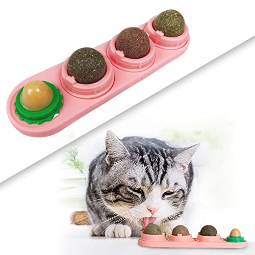 FIPASEN Katzenminze Ball Spielzeug, 4 Stück Katzenminze Wand Ball für Katzen/Kätzchen, Zähne putzen und den Magen schützen - Rotierendes Katzenleckspielzeug Enthält Katzenminze/Zucker(Rosa) von FIPASEN