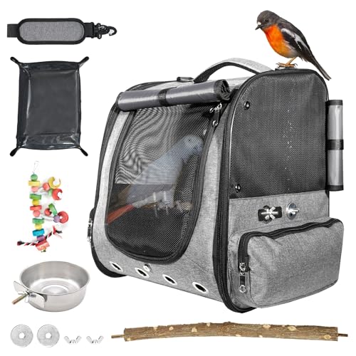 Vogelkäfig Rucksack mit Sonnenschutz für Sittiche Nymphensittiche, Vogelreisetasche mit Ständer für einfache Reinigung, Transparenter atmungsaktiver Reisekäfig für Haustiere (Grau) von FIROK