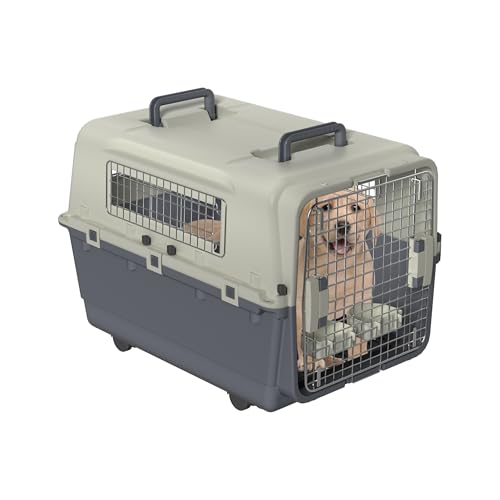 FIVMEN Hundebox Transportbox Hund 80x57x70 cm Hundetransportbox mit Rollen und Eisen Fenstern Türen Tiertransportbox Flugzeugbox für Hunde Flugzeug Auto Reise & Transport von FIVMEN