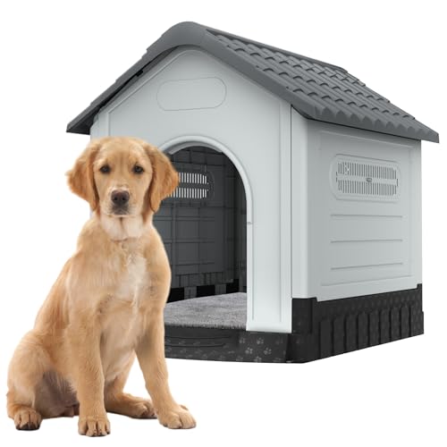 FIVMEN Hundehütte Outdoor Hundehöhle Hundehaus mit Tür und Oberlichter Wasserdicht & UV-beständig Draußen Kunststoff Haustierhaus Grau,105x89x99cm von FIVMEN