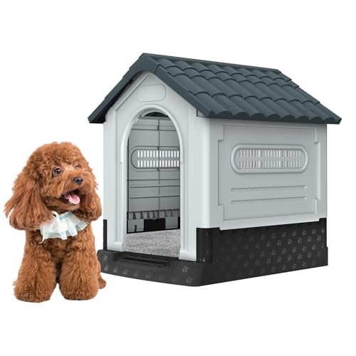 FIVMEN Hundehütte Outdoor Hundehöhle Hundehaus mit Tür und Oberlichter Wasserdicht & UV-beständig Draußen Kunststoff Haustierhaus Grau,65x56,5x67cm von FIVMEN