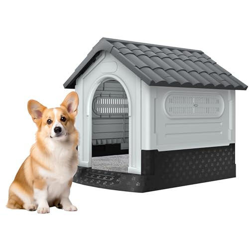 FIVMEN Hundehütte Outdoor Hundehöhle Hundehaus mit Tür und Oberlichter Wasserdicht & UV-beständig Draußen Kunststoff Haustierhaus Grau,79,5x70,5x78cm von FIVMEN