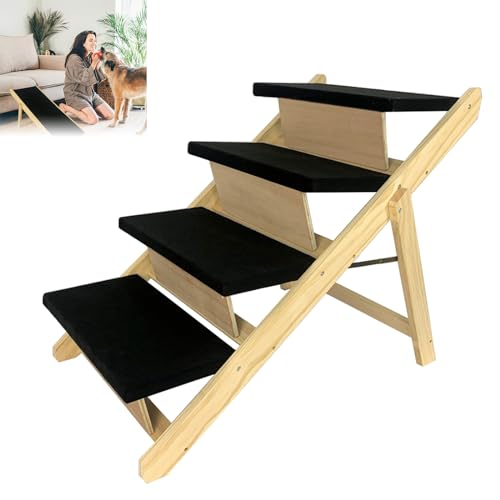 FIVMEN Hundetreppe 2 in 1 Hunderampe Holz Faltbar Höhenverstellbar Haustiertreppe mit Rutschfester Trittmatte Hunde Treppen für Bett Sofa, 100x47x63cm von FIVMEN