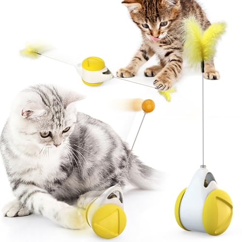 FIYSO NInteraktives Katzenspielzeug,Interaktives Katzenspielzeug mit Ball,Spielzeug Tumbler,Multifunktionales Katzens pielzeug mit Geräuschen,Frei schwingende Vogelteile (Balance-Auto,Gelb) von FIYSON