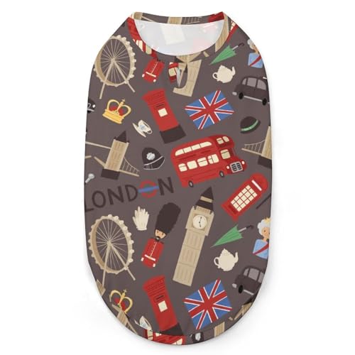 Hundekleidung mit 3D-Aufdruck „London Travel Icons, stylische ärmellose Hundehemden, Weste, atmungsaktives Tanktop für Haustiere, T-Shirt, Sweatshirt, Größe S von FJQWKLF