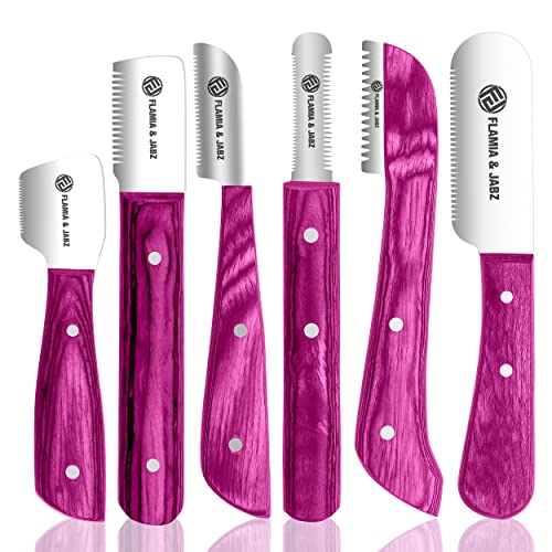 FLAMIA & JABZ FJ Professional Abisoliermesser-Set (6 Stück) für Hunde & Haustiere, Holzgriffgriff mit Edelstahlklinge (Rechtshänder) (Rosa) von FLAMIA & JABZ