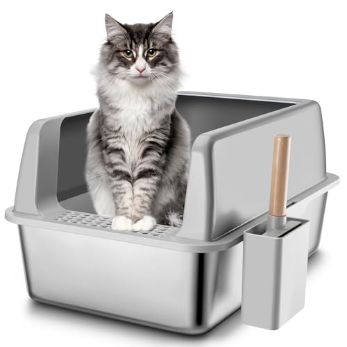 Katzentoilette XL Katzenklo Edelstahl, Extra großes Katzenklo für große Katzen mit hohen Seiten und Schaufel, leicht zu reinigendes Metallklo, Anti-Stick-Katzentoilette, auslaufsicher, geruchsneutral von FLARUZIY