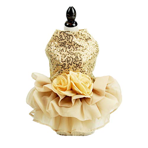 Bling Hundekleid Tutu Rock Blume Hund Haustier Katze Luxus Prinzessin Hochzeit Kleid Sommer Hund Chihuahua Kleidung (XL, Gold) von FLAdorepet