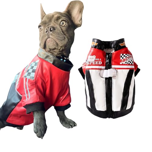 FLAdorepet Cooles Rennfahrer-Kostüm, Haustier-Rennfahrer-Kostüm, Outfits, Winter-Hunde-Lederjacke mit Leinenring, warmer Fleece-Mantel für kleine und mittelgroße Hunde (Schwarz, XXL) von FLAdorepet