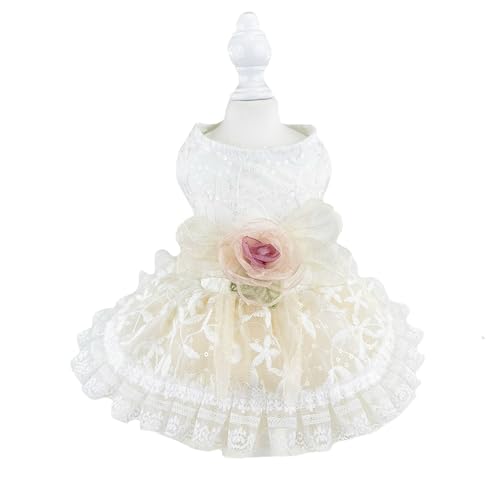 FLAdorepet Luxuriöses Hundekleid mit Rosen-Spitze und Leinen-Ring, Haustier-Braut-Kostüm, Kleidung für kleine Hunde und Mädchen, formelle Hunde-Hochzeitsparty-Kleider (weiß, Größe M (Brustumfang 40 von FLAdorepet