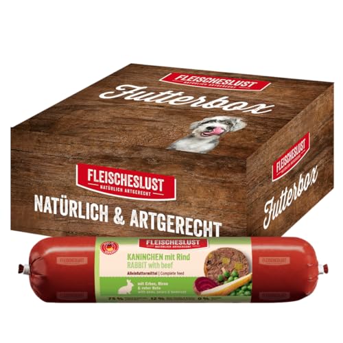 Fleischeslust Futterbox Kaninchen mit Rind mit Erbse, Birne & roter Bete (6x800g) Hundewurst Alleinfutter von FLEISCHESLUST NATÜRLICH ARTGERECHT