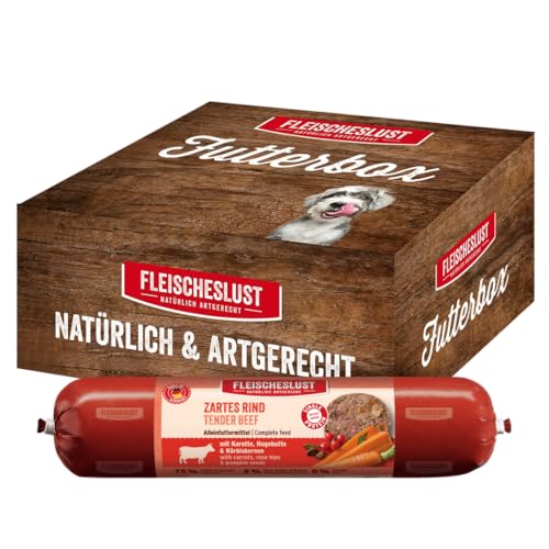 Fleischeslust Futterbox Zartes Rind mit Karotte, Hagebutte & Kürbiskernen (6x800g) Hundewurst von FLEISCHESLUST NATÜRLICH ARTGERECHT