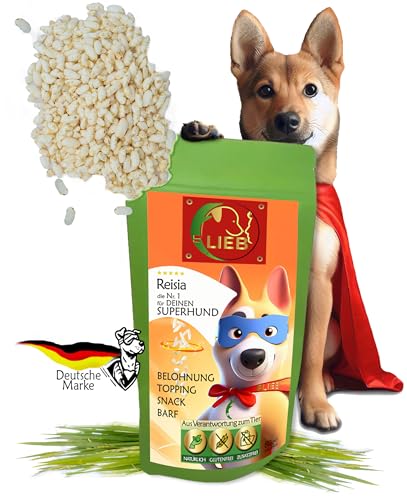 100% gepuffter Reis, Leichter Snack, auch für empfindliche Hunde DARMFLORA und VERDAUUNG, GEWICHTs Regelung, MINERALSTOFFREICH, Hundefutter, für Training • Snack • Barf • mehr Vitalität von FLIEB