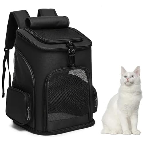 Katzenrucksack mit Mesh-Fenster,Haustier Rucksack für Katzen und Kleine Hunde,Platz für Haustiere bis 6 kg,Faltbare mit Innerer Sicherheitsleine und Haustiermatte (Schwarz) von FLKENNEL