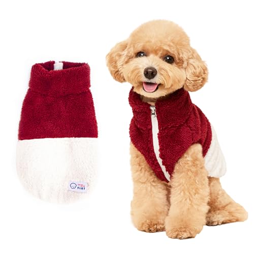 FLOT Flauschige Designer-Hundeweste aus Fleece, mit Reißverschluss, warm, ärmellos, Rollkragen, hochwertige Materialien, maßgeschneiderte Passform, entworfen und hergestellt in Korea (Burgunderrot), von FLOT