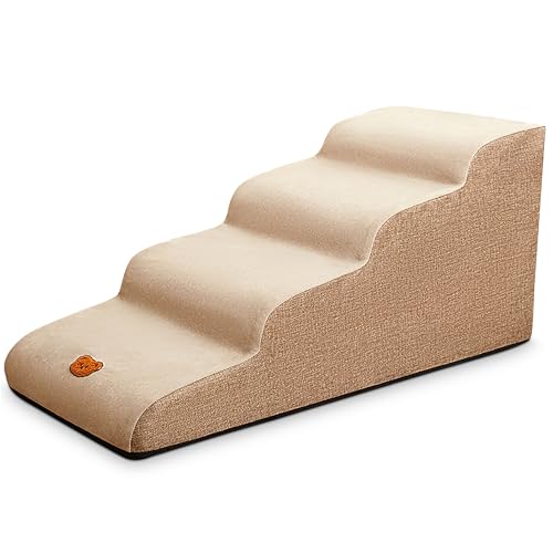 FLOVIPPET Hundetreppe für Kleine Hunde, Haustiertreppe für Hochbett Sofa Couch, rutschfeste Hunderampe für Katzen und Hunde, Hundebetttreppe mit Abnehmbarem Wasserdichtem Bezug (Braun, 4 Schritte) von FLOVIPPET