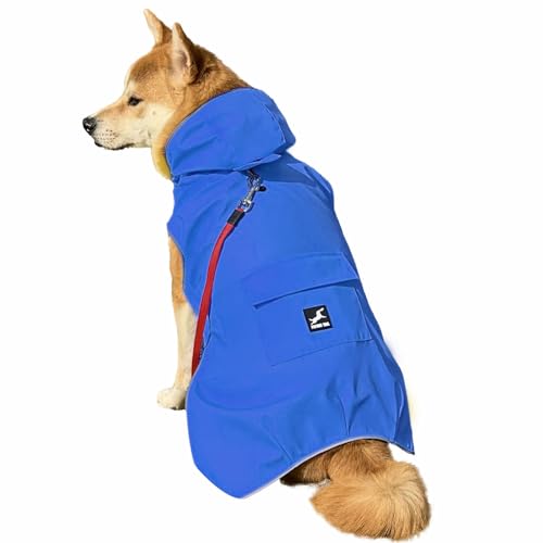 Regenmantel für Hunde, wasserdicht, reflektierend, leichter Kapuzenponcho mit verstellbarem Bauchgurt und Loch für die Leine, Regenmantel für 2 x kleine bis 5 XL, einfach zu tragen (Blau, L) von FLYING TAIL