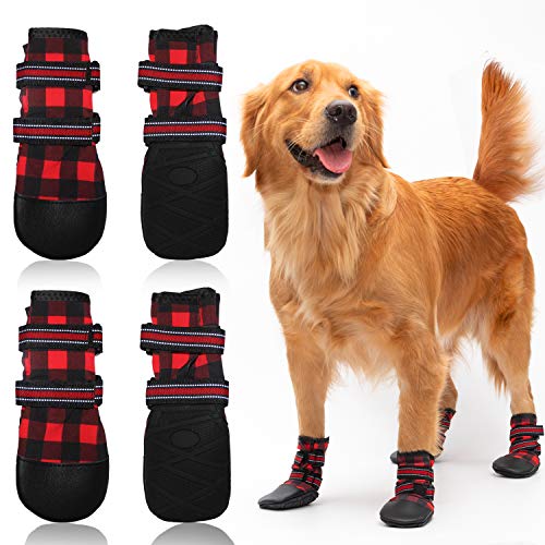 FLYSTAR Hundeschuhe für mittelgroße und große Hunde, wasserdicht, Regen, Schnee, rutschfeste Hundestiefel für den Winter, kariert, reflektierend, verstellbar, warm, Pfotenschutz für Spaziergänge, von FLYSTAR