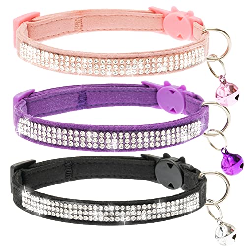 FLYSTAR Katzenhalsband mit Glöckchen, niedliches Katzenhalsband für Jungen, Mädchen, Katzen, Strasssteine, verstellbar, weicher Samt, Haustierhalsbänder für kleine Katzen, Welpen (Rosa, Lila, Schwarz) von FLYSTAR