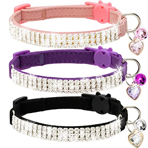 Keyoung FLYSTAR Cat Collar Breakaway with Bell - Cute Cat Collar for Boy Girl Cats - Rhinestones Bling Adjustable Soft Velvet Pet Collars for SML Cats, Puppy (Pink, Purple, Black) von FLYSTAR