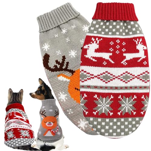 Hundepullover Weihnachten, 2 Stück Hundekostüm Weihnachten, Weihnachts Haustier Katze Hunde Pullover, Cartoon Rentier Haustier Pullover, für kleine mittelgroße Hunde Großer Hund Haustierpullover von FMKLDENA