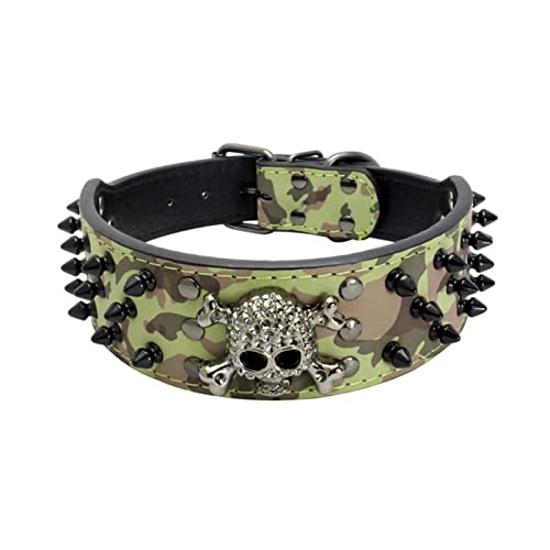 Totenkopfnieten-Hundehalsband, Mit Nieten Besetztes Leder-Hundehalsband Mit Kugelnieten Und Coolem Totenkopf-Haustierzubehör for Mittelgroße Und Große Hunde (Color : Camouflage, Size : 56x5cm) von FNSK