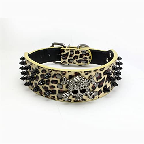 Totenkopfnieten-Hundehalsband, Mit Nieten Besetztes Leder-Hundehalsband Mit Kugelnieten Und Coolem Totenkopf-Haustierzubehör for Mittelgroße Und Große Hunde (Color : GoldLeopard, Size : 56x5cm) von FNSK