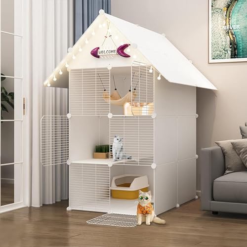 Katzenkäfig, 3-stöckig, Katzenkäfig, Katzenlaufstall, Katzenkäfig, groß, DIY, kleines Tierhaus, Abnehmbarer Laufstall, Dachrinnendesign, mit Futternapf, Katzentoilette, Katzennest, Katzenhän von FOKAI