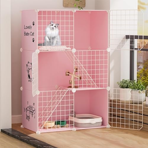 Katzenkäfig, Katzenkäfig für den Innenbereich, große 3-stöckige Katzenhütte, Abnehmbarer Kleintierkäfig aus Metall, DIY-Design, mit Hängematte und Leiter, Schublade, Katzentoilette, Katzenne von FOKAI