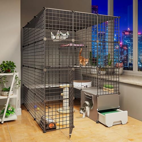 Katzenkäfig, Katzenkäfige für Hauskatzen, Katzenhütten für Hauskatzen mit Katzentoilette, selbstgebaute Kleintierkäfige mit 2 Türen für Haustiere, ideal für 1–2 Katzen (Größe: 147 x 95 x 109 von FOKAI