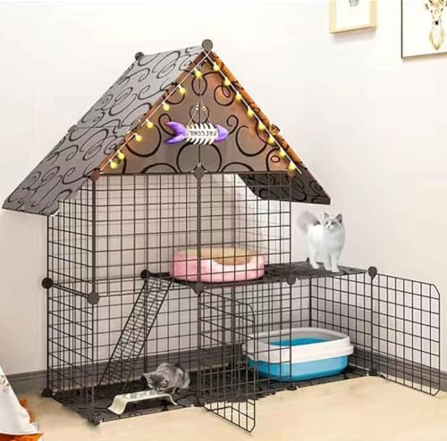 Katzenkäfig, Katzenkäfige für den Innenbereich, groß, mit Dach, große Katzentoilette, abnehmbares Katzenhaus, schwarz – 111 x 39 x 110/111 x 75 x 146/111 x 111 x 146 (Farbe: B, Größe: 111 von FOKAI